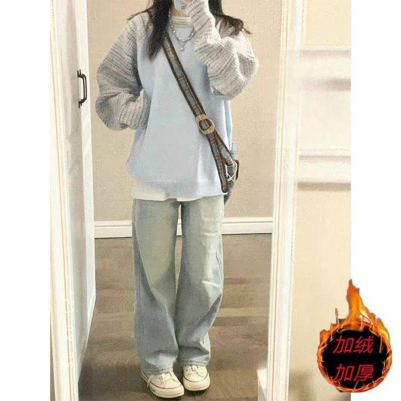 美式復古水洗黃泥色直筒牛仔褲女春秋新款加絨高腰寬鬆顯瘦闊腿褲