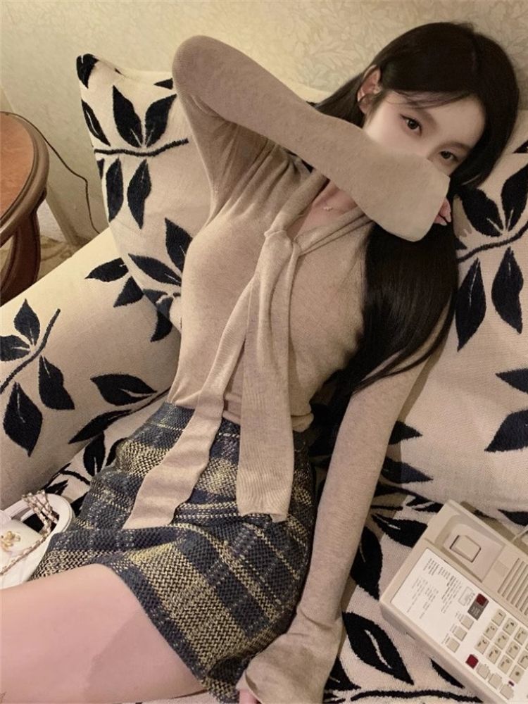 韓系氛圍感V領長袖女2023秋冬新款內搭修身顯瘦溫柔高級感上衣潮