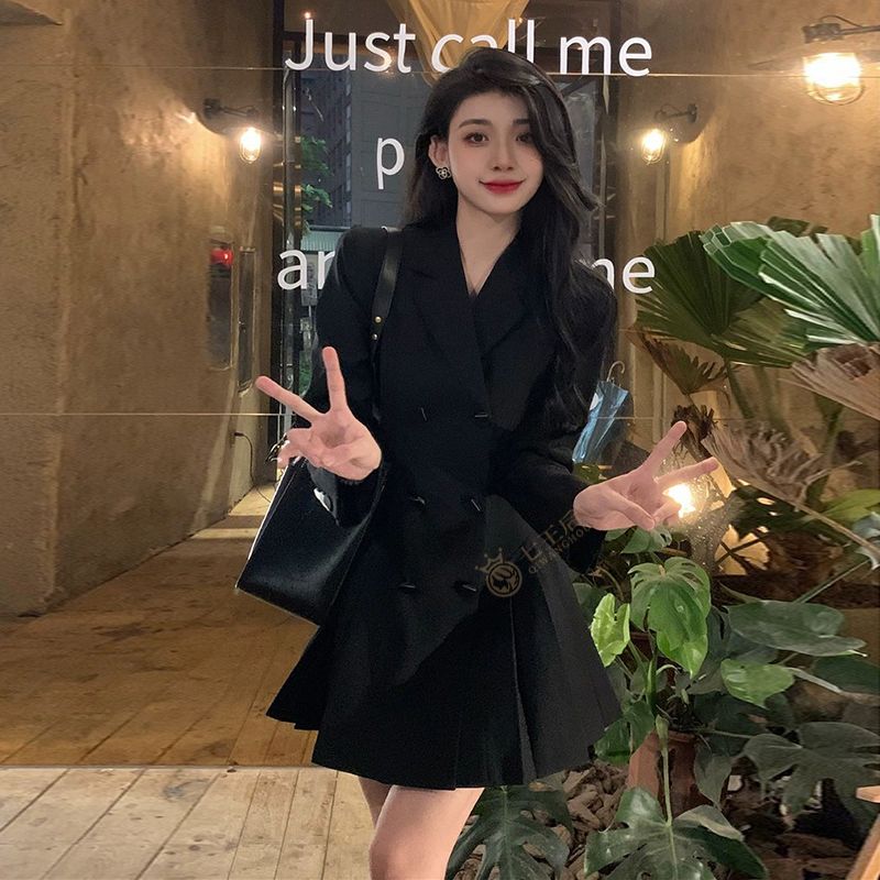 中長款收腰西裝連衣裙女春秋2024新款韓版小西服女外套時尚百褶裙