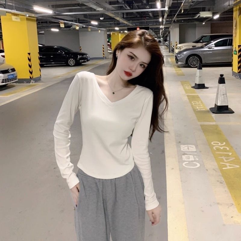 純欲v領長袖t恤女秋裝不規則短款打底衫美拉德新款顯瘦內搭上衣潮