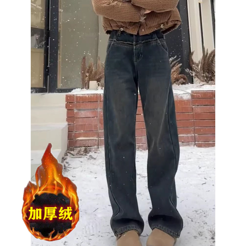 復古加絨加厚闊腿牛仔褲女2023秋冬新款高腰寬鬆顯瘦垂感直筒長褲