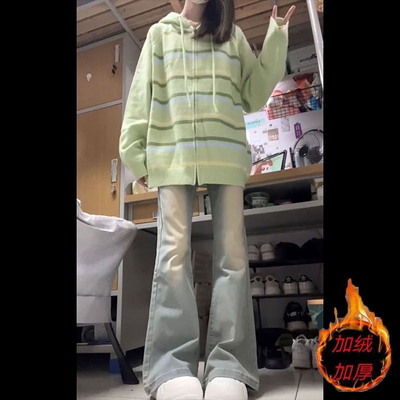 美式復古微喇叭牛仔褲女韓版新款加絨加厚高腰修身顯瘦拖地長褲子