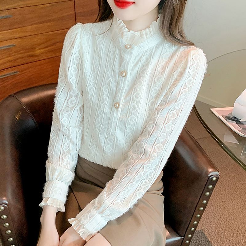 立領加絨蕾絲打底衫女秋冬季2023新款長袖內搭上衣高級感洋氣小衫