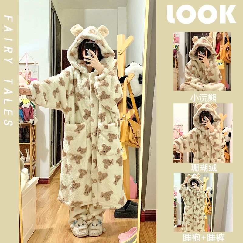 Ins style raccoon coral velvet pajamas for women winter plus velvet thickened warm flannel mid-length pajamas set