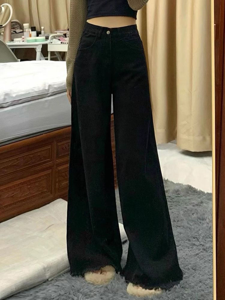 黑色毛邊大闊腿牛仔褲女冬季新款高腰寬鬆遮肉顯瘦直筒微喇叭褲子