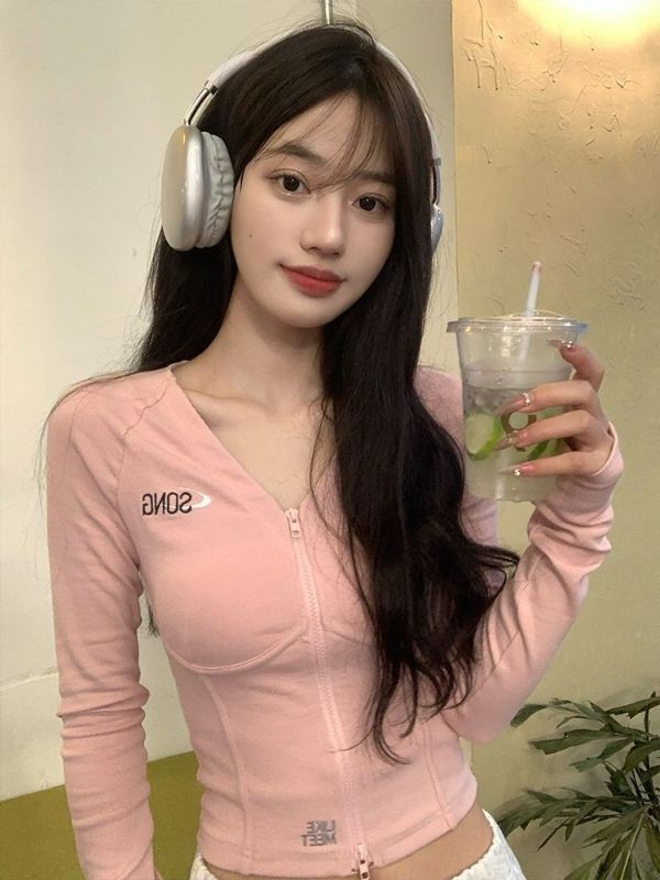法式粉色V領長袖t恤女秋季美拉德高級感修身顯瘦氣質雙拉鏈上衣潮