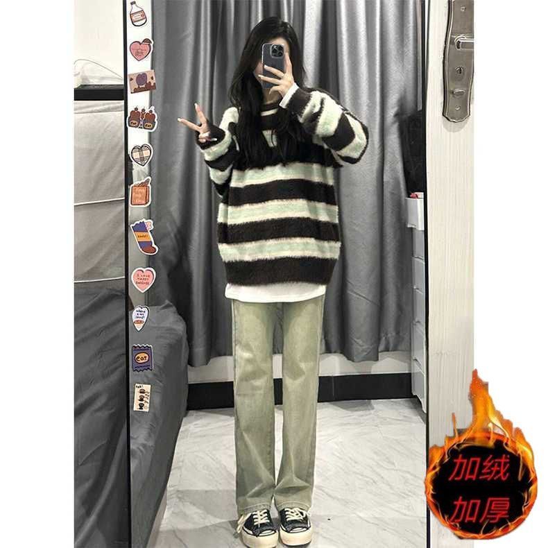 學生褲美式復古黃泥染牛仔褲女小個子新款做舊高街辣妹直筒褲ins