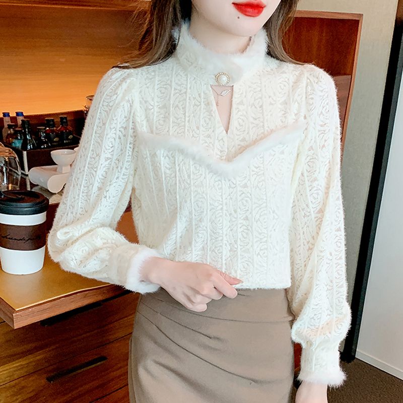 新中式國風加絨蕾絲打底衫女秋冬高級感小衫內搭2023新款優雅上衣