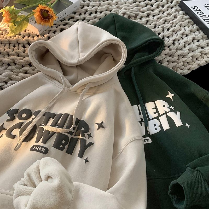 Teenage fleece thickened sweatshirt men's autumn and winter American junior high school student top warm hooded high school student jacket