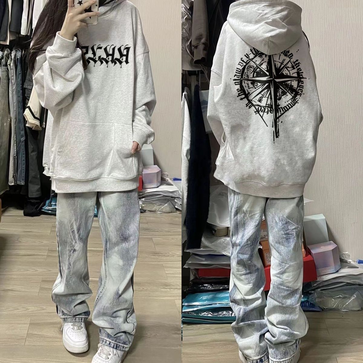 美式秋季連帽衛衣女設計感小眾印花情侶百搭寬鬆加絨加厚冬款外套