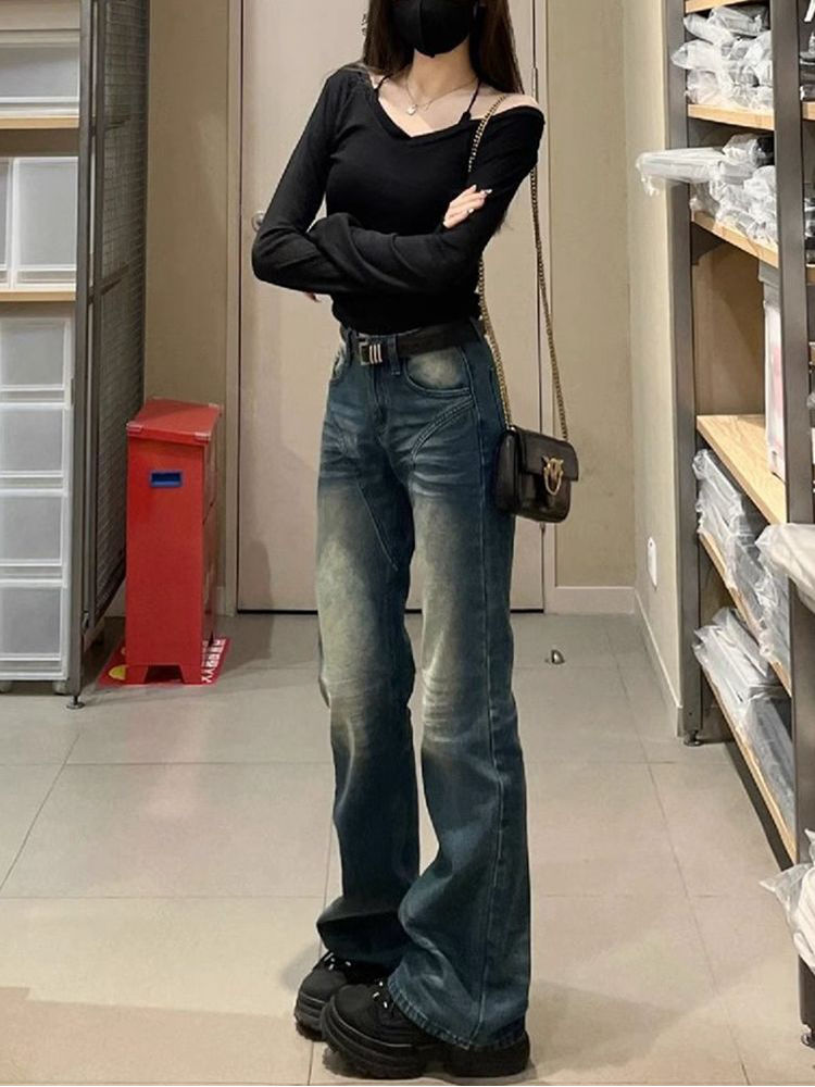 不貼腿微喇叭牛仔褲女冬季新款復古做舊低腰寬鬆闊腿顯瘦直筒褲子