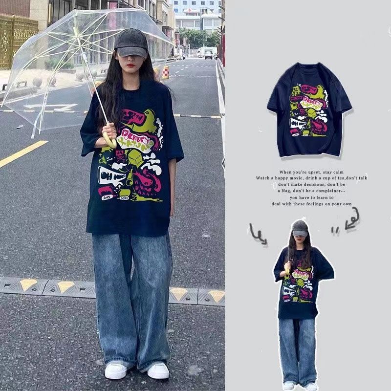 100%純棉歐美潮牌短袖t恤女學生夏季設計感小眾oversize寬鬆上衣