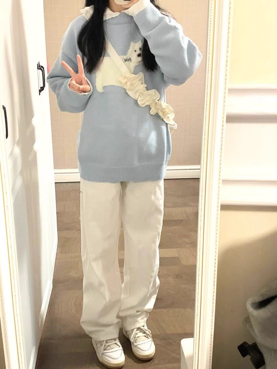 藍色可愛套頭毛衣女秋冬季慵懶風甜美提花日系復古溫柔針織衫上衣