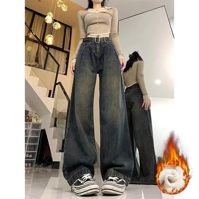 水泥灰闊腿牛仔褲女2023秋冬季新款高腰顯瘦加絨美式高街直筒褲子