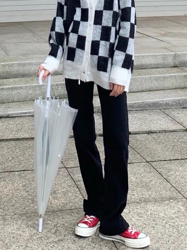 黑色窄版直筒牛仔褲女秋冬季新款高腰修身顯瘦不貼腿闊腿煙管褲子