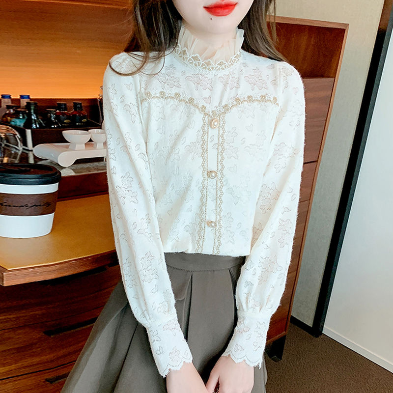 秋冬新款洋氣立領小衫時尚內搭女別致漂亮打底衫加絨加厚蕾絲上衣
