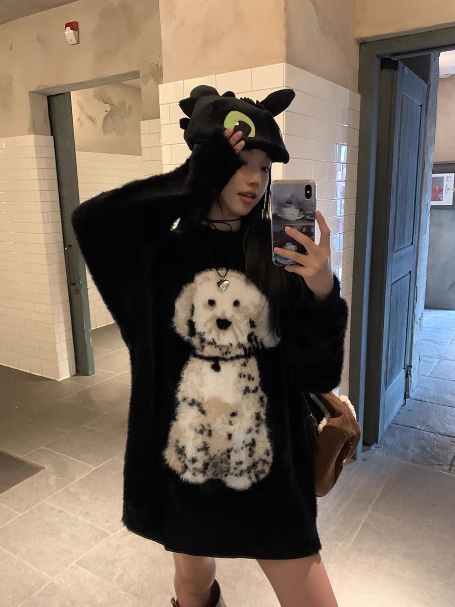 黑色馬海毛毛衣女秋冬季加厚斑點狗提花針織衫寬鬆慵懶風長袖上衣