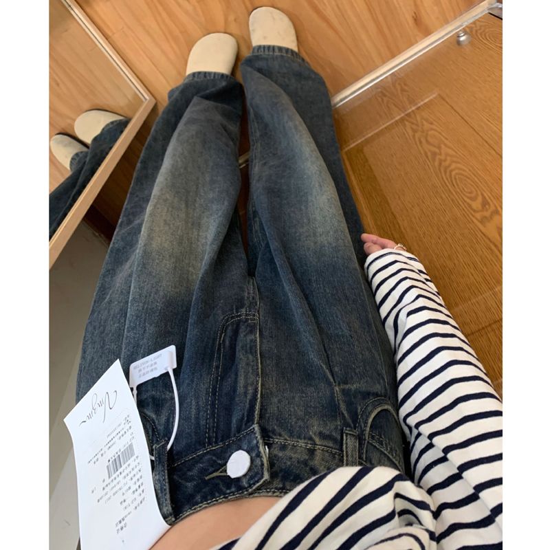 美式復古藍色牛仔褲女小個子寬鬆顯瘦闊腿褲高腰直筒褲子拖地長褲