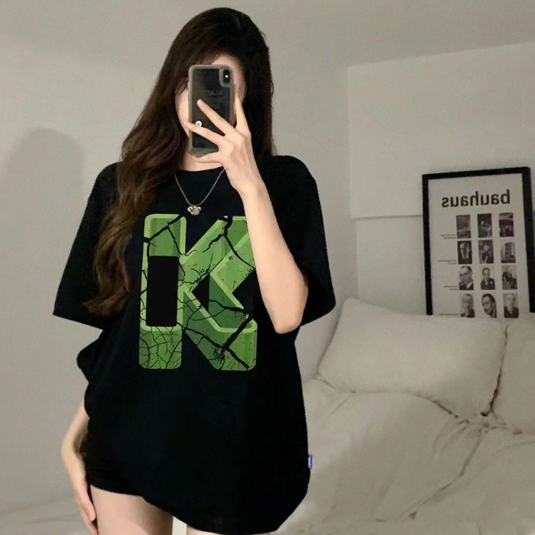 100%純棉夏季新款黑色短袖t恤女oversize設計感小眾半袖潮牌上衣