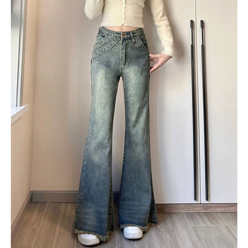 水洗懷舊毛邊牛仔褲女小個子復古高腰顯瘦微喇褲百搭馬蹄褲長褲潮