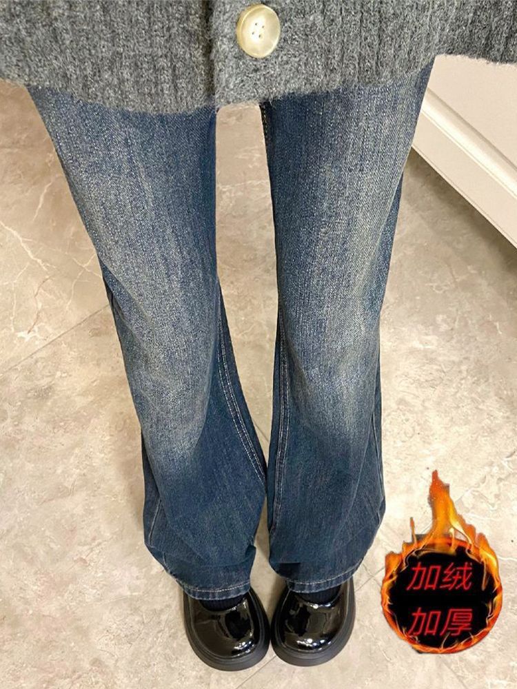 加絨加厚款不貼腿微喇叭牛仔褲女冬季新款高腰顯瘦直筒長褲潮ins