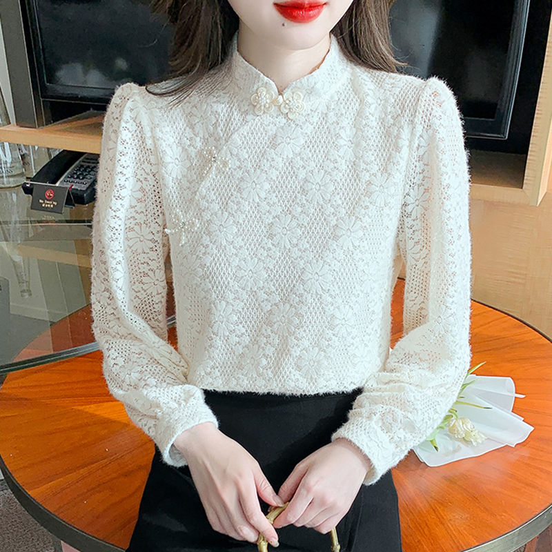 加絨蕾絲打底衫女秋冬2023新款中式國風配馬面裙上衣內搭洋氣小衫
