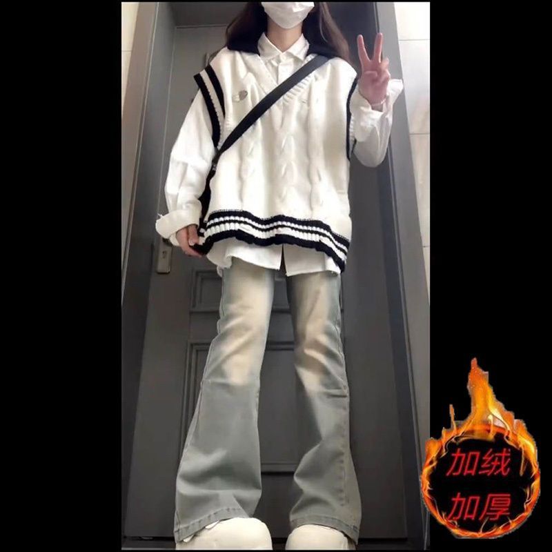 淺色微喇叭牛仔褲女2023年秋冬新款加強加厚韓版高腰顯瘦休閒長褲