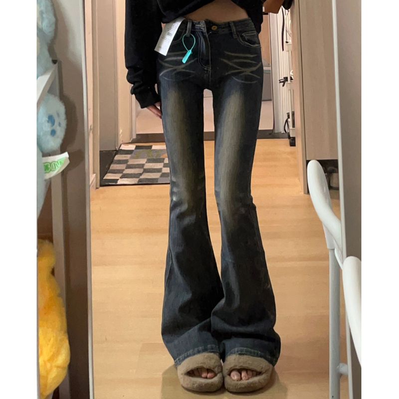 辣妹復古做舊彈力微喇牛仔褲女裝小個子高腰顯瘦拖地褲馬蹄長褲潮