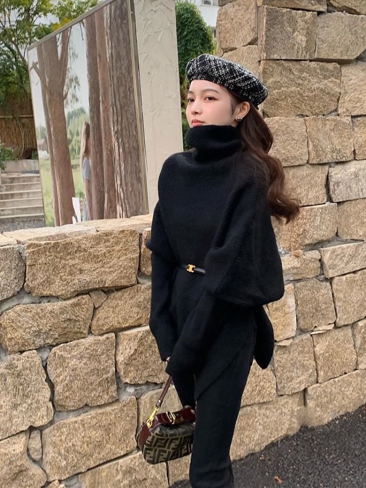 不規則設計感高領毛衣女秋冬寬鬆百搭小眾慵懶風韓版軟糯針織上衣