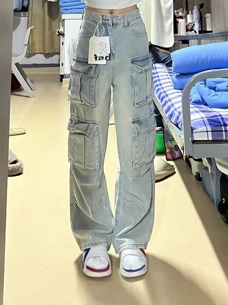 美式高街多口袋工裝牛仔褲女秋冬重工設計感高腰寬鬆顯瘦闊腿長褲