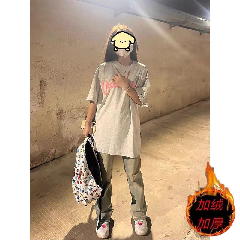 秋冬季加絨加厚黃泥牛仔褲水洗做舊高彈美式高街直筒小眾長褲男女