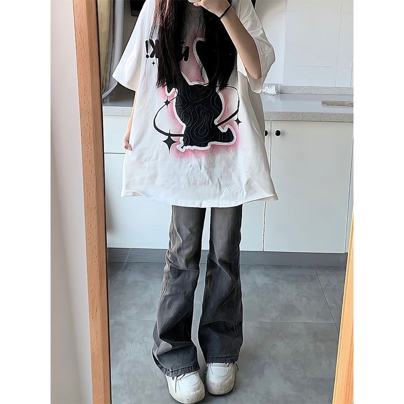 2023秋冬季ins潮灰色微喇叭牛仔褲女學生韓版百搭美式長褲子