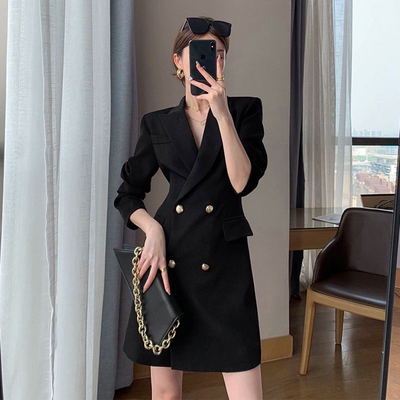 2024 New Spring and Autumn Black Suit Skirt Waist Royal Sister Style Double-breasted Slim Fit Long Sleeve Professional Dress