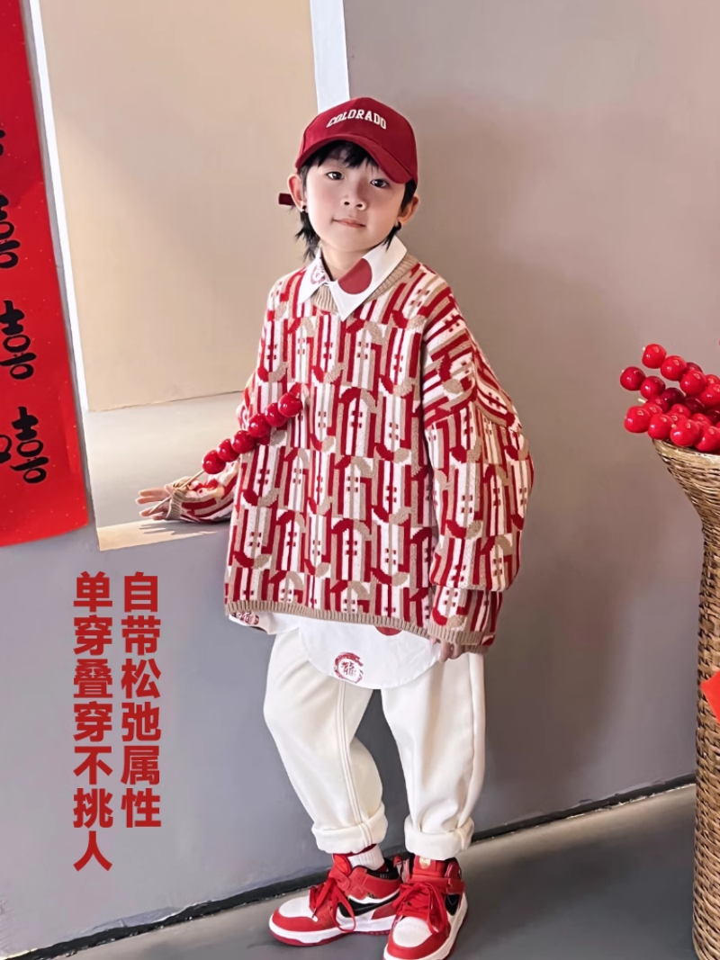 2023红色亲子拜年服男童韩版新年毛衣冬季中大儿童圆领打底连帽衫