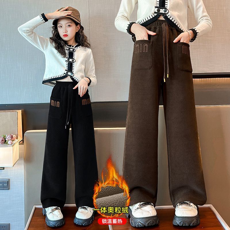 女童加絨褲子外穿一體絨2023新款兒童洋氣寬鬆大童冬季加厚闊腿褲
