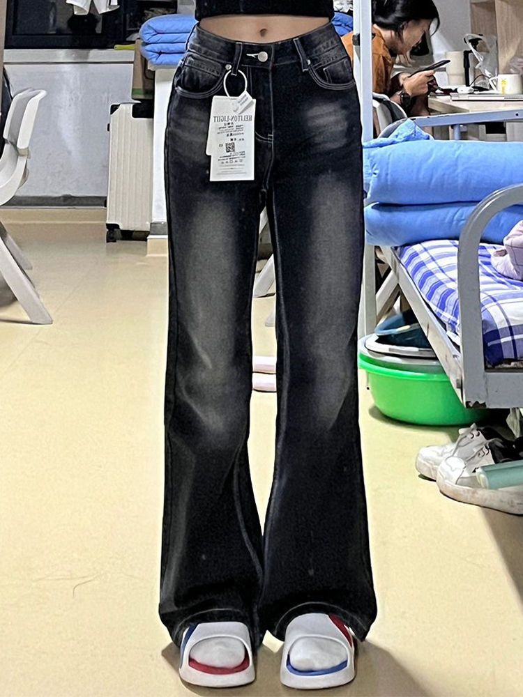 黑色不貼腿微喇叭牛仔褲女冬季新款復古低腰寬鬆闊腿顯瘦直筒褲子