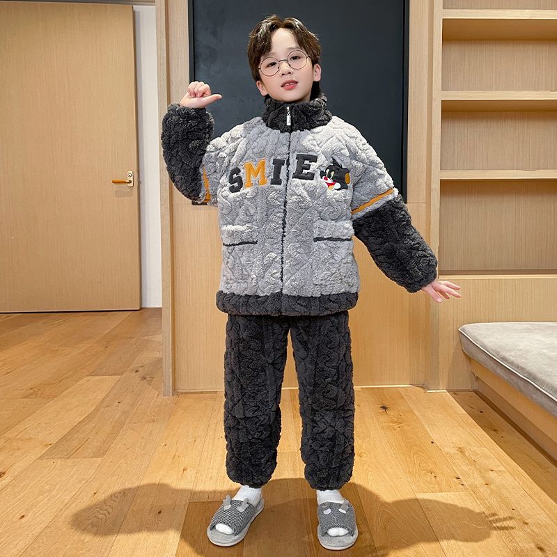 法蘭絨三層夾棉襖加厚款兒童冬季睡衣男童珊瑚絨男孩中大童家居服