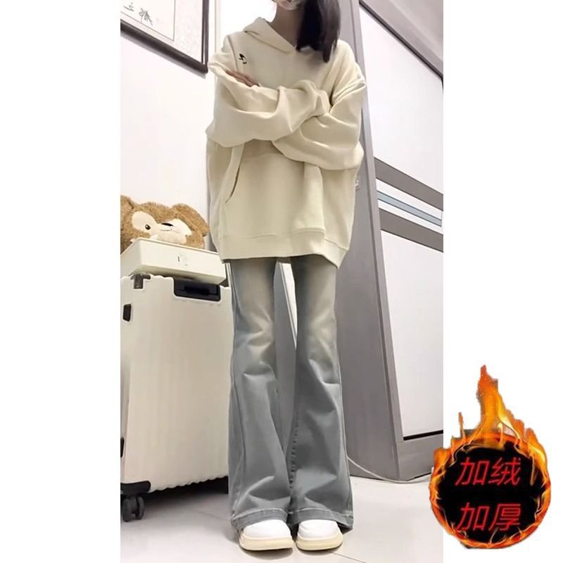 美式復古加絨加厚黃泥染微喇叭牛仔褲秋冬小眾設計感高腰顯瘦長褲