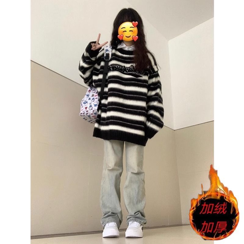 加絨加厚款微喇叭牛仔長褲女秋冬季新款韓版高腰顯瘦直筒長褲子潮
