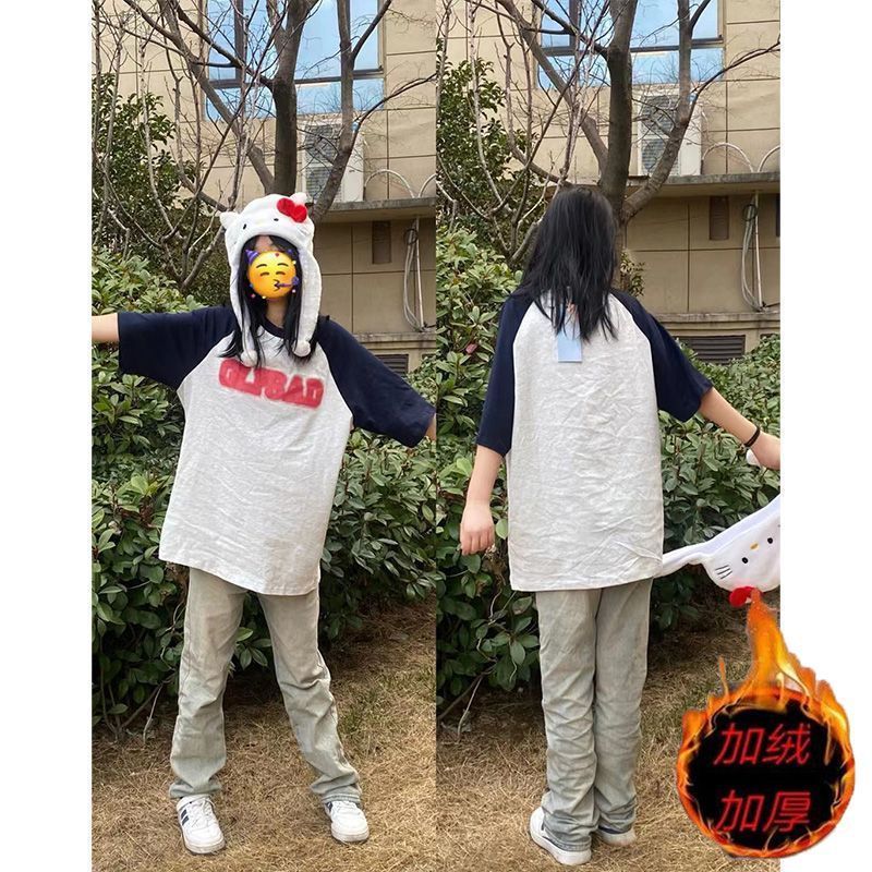 國潮秋冬季黃泥牛仔褲水洗做舊高彈美式高街直筒小眾長褲男女ins