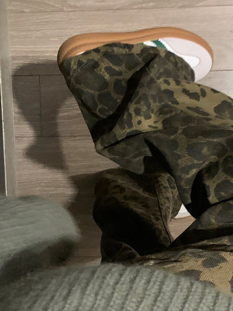 美式辣妹復古豹紋牛仔褲女春秋新款潮牌寬鬆直筒vintage休閒褲子