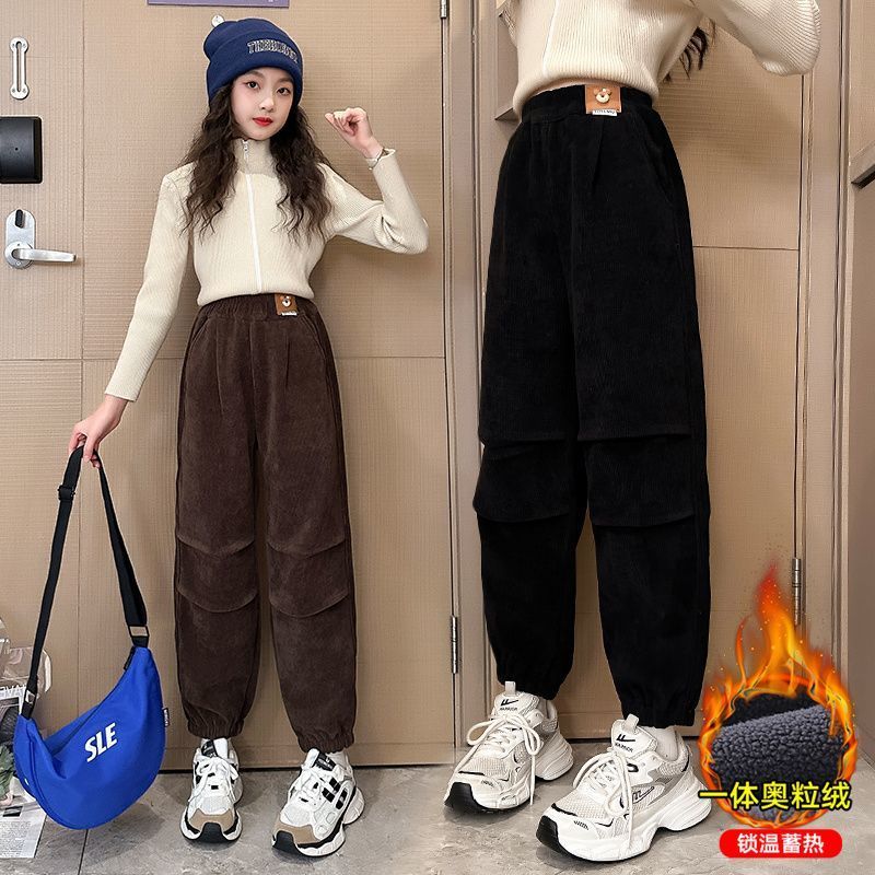 女童加絨褲子秋冬裝2023新款時尚兒童冬季女大童一體絨加厚休閒褲
