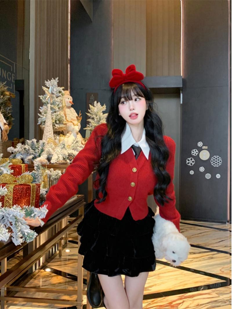 紅色毛衣聖誕新年戰袍小個子學院風V領針織開衫外套女2023新款潮