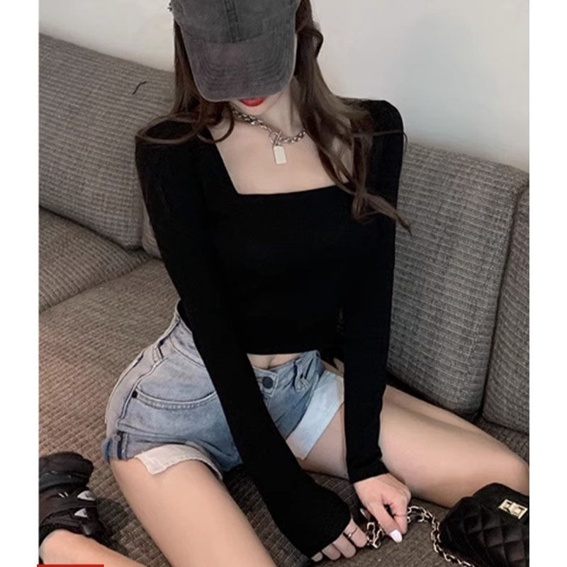 早秋季新款女裝長袖t恤上衣修身短款方領內搭打底衫ins春秋辣妹風