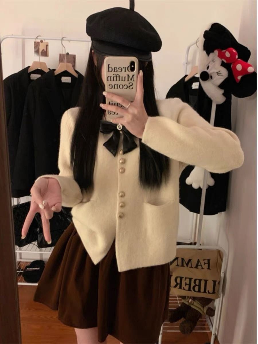 小香風蝴蝶結針織毛衣女秋冬2023新款法式高級感寬鬆短款長袖上衣