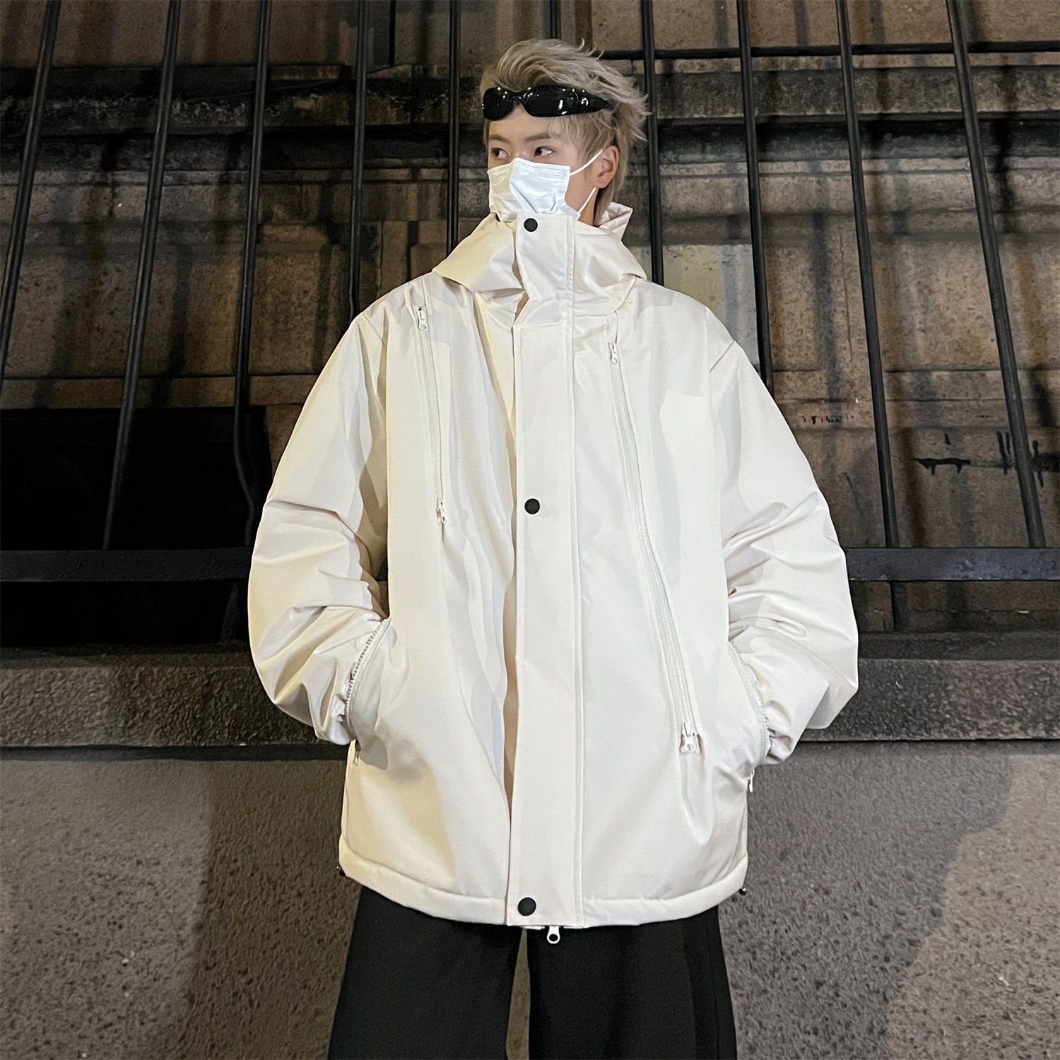 白色衝鋒衣羽絨棉服男款秋冬季加厚美式高街高級感工裝機能風外套