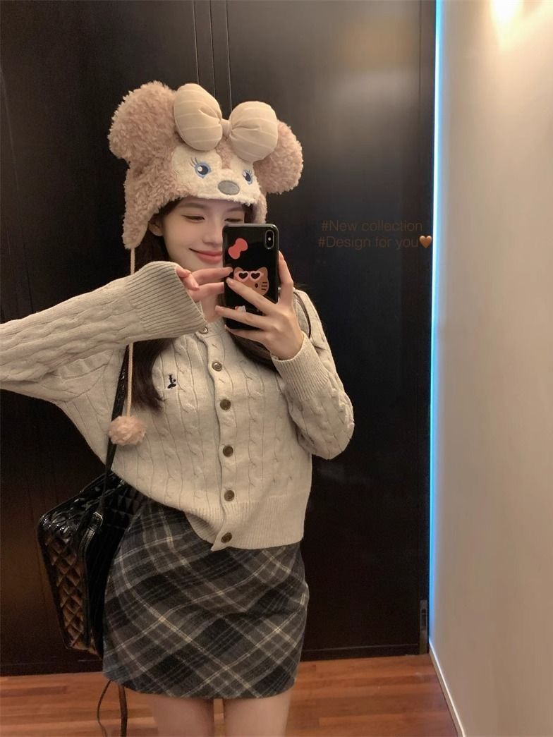 套裝女2023秋冬新款學院風刺繡針織麻花毛衣高腰格紋半身裙兩件套