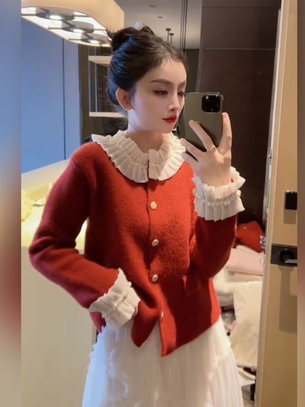 秋冬季新款氣質洋氣法式小香風設計感拼接木耳花邊針織開衫毛衣女