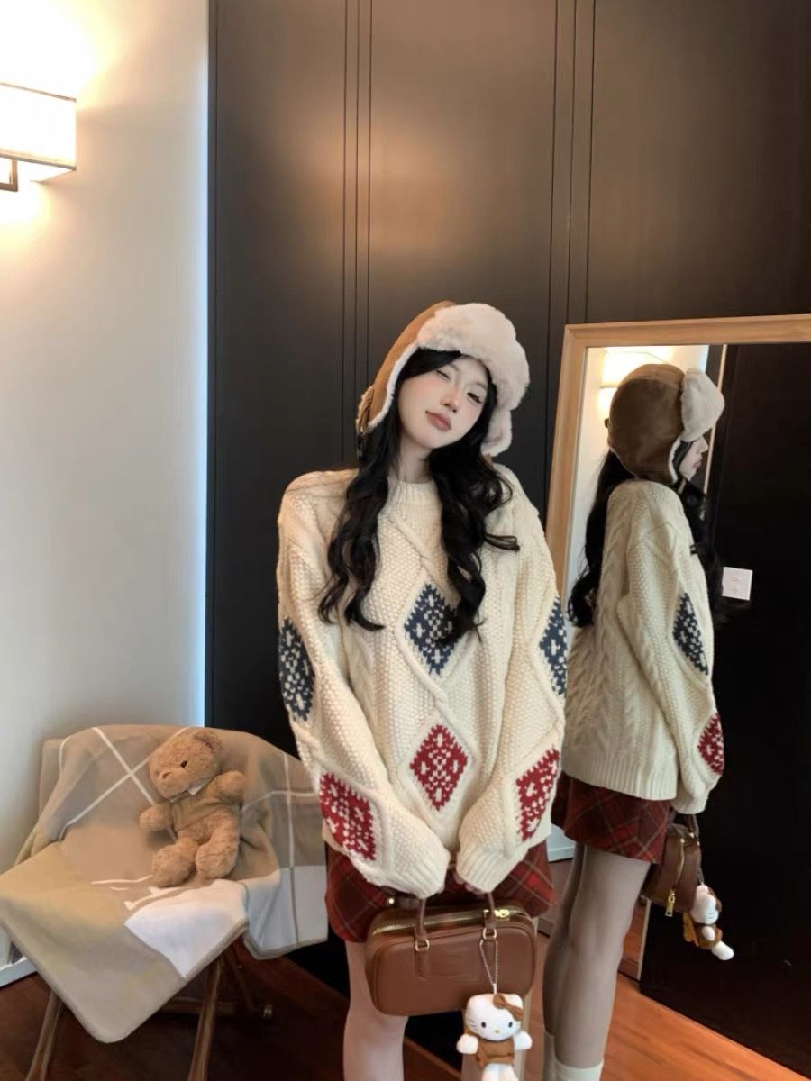 節日氛圍感重工慵懶風麻花毛衣女秋冬新款寬鬆圓領套頭針織衫上衣