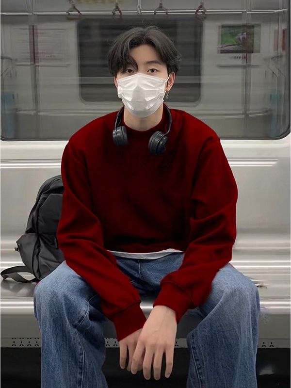 酒紅色衛衣男秋冬季2023新款無帽圓領潮牌加絨寬鬆長袖打底衫上衣